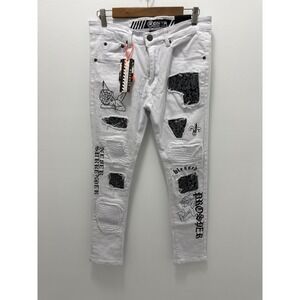 GSTR White Distressed Jeans Slim Fit Size 30 – Graphic Patchwork NWT